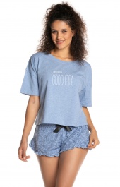 Piżama damska niebieska : bluzka i krótkie spodenki